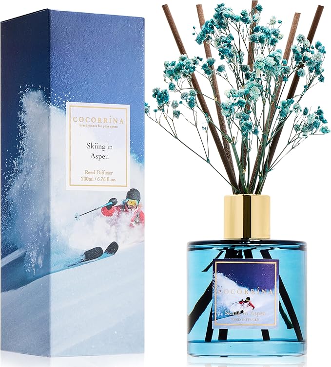 COCORR??NA Reed Diffuser - Skiing in Aspen Reed Diffuser Set with 8 Sticks & Preserved Baby's Breath, Reed Diffuser for Home Bathroom Shelf Decor