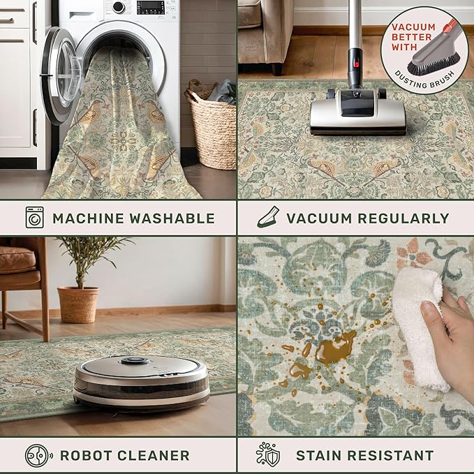 Floral Washable Large Rugs for Bedroom 10x14 - Sage Green Soft Area Rug for Dining Room Under Kitchen Table, Living Room, Playroom, Folable Non Skid Low Pile Indoor Carpet
