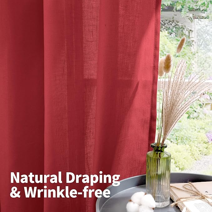 YoungsTex Red Linen Curtains 80 Inches Long for Living Room, Light Filtering Drapes with Grommet Semi Sheer Privacy for Bedroom Dining Room, 2 Panels, 52 X 80 Inch
