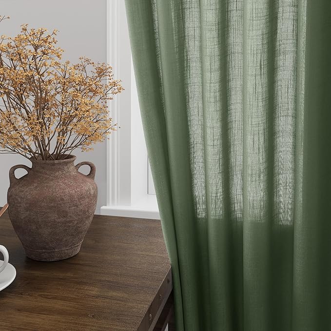 Olive Green Linen Curtains 84 Inches Long for Living Room Back Tab Light Filtering Privacy Semi Sheer Curtains Modern Farmhouse Decor Olive Green Curtain for Bedroom 2 Panels 52x84