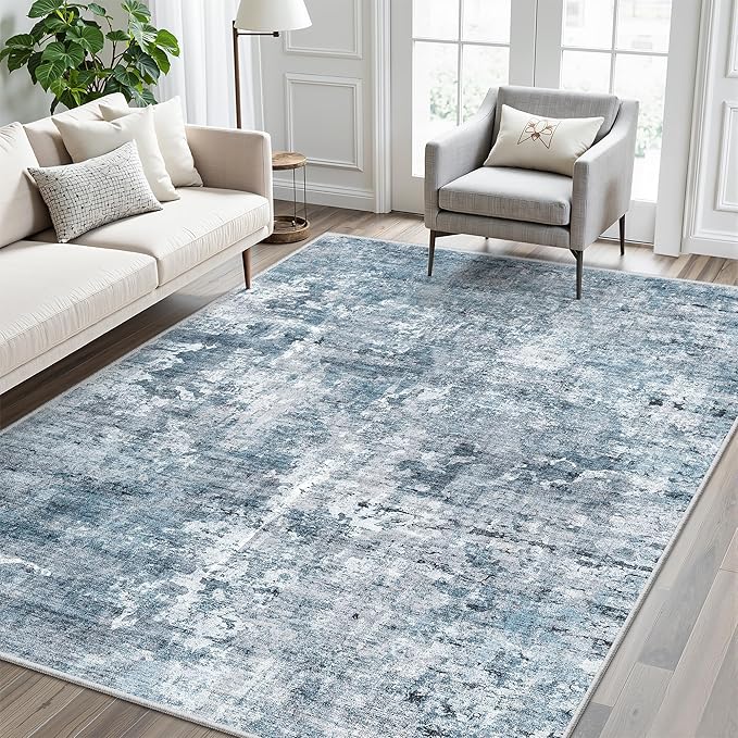 Soalmost 5x8 Area Rugs Blue/Grey Low Pile Indoor Washable Trendy Faded Style Rugs for Bedroom Living Room Dining Room Foldable Non-Slip Thin Print Home Office Mat