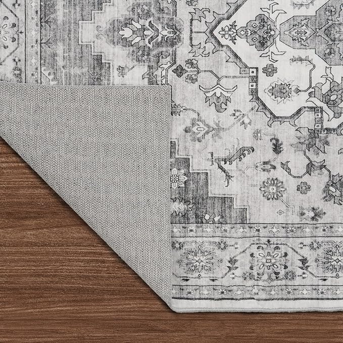 Living Room 9x12 Area Rugs - Large Boho Rugs for Bedroom Stain Resistant Carpet Vintage Tribal Rugs for Kitchen Bathroom with Non Slip Backing Home Decor Floor Decoration Mat 9x12 Grey/White
