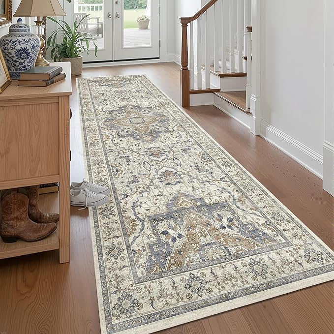Washable Hallway Runner Rug - 3x8 Floor Carpet Rug Distressed Low Pile Mats Non Slip Soft Rugs for Dining Room with Rubber Backing Bedroom Runner with Vintage Design (Beige/Blue 3x8)