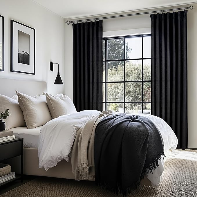 Modern Pinch Pleated Black Curtains for Bedroom 2 Panels Set, Light Filtering Linen Blend Sheer Patio Door Floor to Ceiling Long Curtain Privacy 100-102 Inch Big Drapes with Hooks Rings 40"W x 102"L