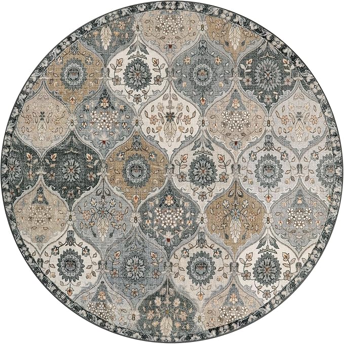 Lahome Moroccan Trellis Washable Circle Rug, Round Rug 5ft Soft Non-Slip, Non-Shedding Distressed Round Carpet for Bedroom Living Room Bathroom Nursery Kitchen Elise, Grey