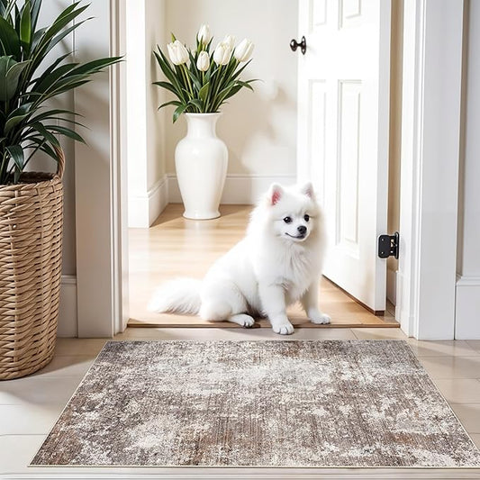 2x3 Washable Non-Slip Area Rug – Small Throw Rug for Kitchen, Entryway, Bedroom, Bathroom – Modern Abstract Neutral Soft Low Pile Thin Indoor Door Mat (Brown Beige,2x3)