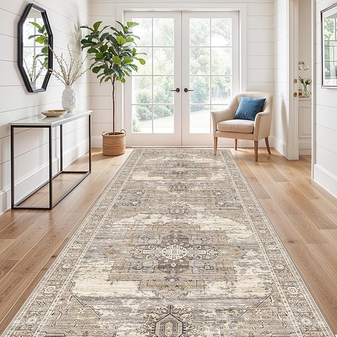 4x12 Runner Rug Wide Hallway - Washable Long Runners for Entryway Bedroom Kitchen Soft Stain Resistant Carpet Vintage Ultra-Thin Rugs with Non Slip Backing Home Decor Desiged for RV Living 4x12 Beige
