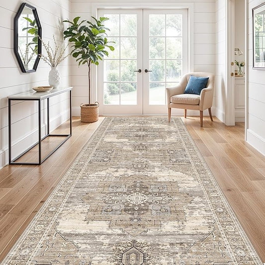 4x12 Runner Rug Wide Hallway - Washable Long Runners for Entryway Bedroom Kitchen Soft Stain Resistant Carpet Vintage Ultra-Thin Rugs with Non Slip Backing Home Decor Desiged for RV Living 4x12 Beige