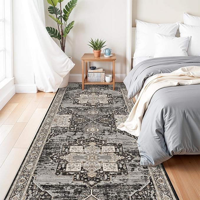 RUUGME Washable 4x12 Runner Hallway - Extra Long Runner Rug Soft Stain Resistant Carpet Vintage Ultra-Thin Rugs for Entryway Bedroom Kitchen with Non Slip Backing Home Decor Small Mat 4x12 Black