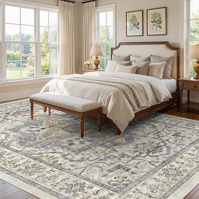 Beige 8x10 Washable Large Area Rug, Non-Slip Soft Ultra-Thin Polyester Carpet with Vintage Vintage Stain Large Rug for Living Room, Bedroom, Dining Room & Open-Concept Spaces Oeko-TEX - Beige/Blue