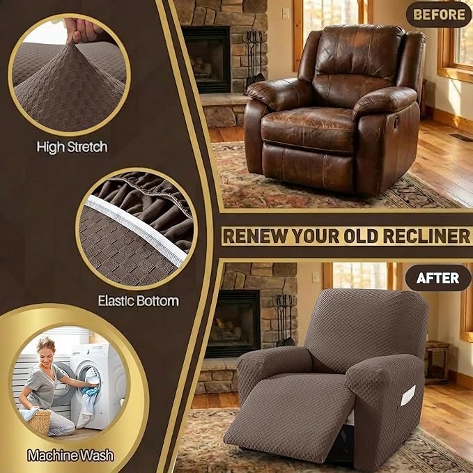 YEMYHOM 4 Pieces Stretch Recliner Slipcover Latest Jacquard Recliner Chair Cover with Side Pocket Anti-Slip Fitted Recliner Cover Couch Furniture Protector with Elastic Bottom (Recliner, Light Coffee)