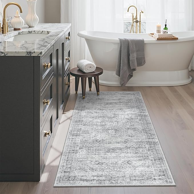 Soalmost 2x4 Washable Rugs for Kitchen, Floor, Entryway, Powder Room Small Area Rug Non-Slip Vintage Low Pile Throw Door Mat Grey