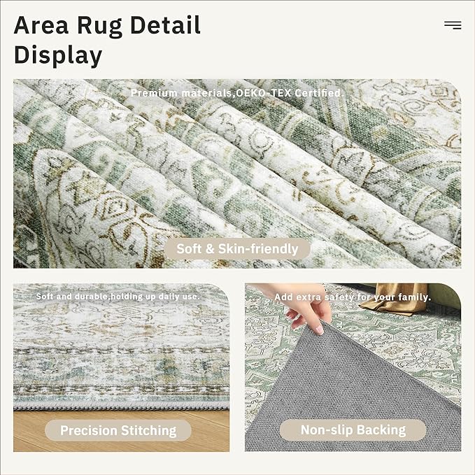 Soalmost 10x14 Area Rugs for Living Room, Non Slip Machine Washable Vintage Rugs, Low Pile Lightweight Large Rug for Bedroom, Dining Room, Home Office Green/Brown