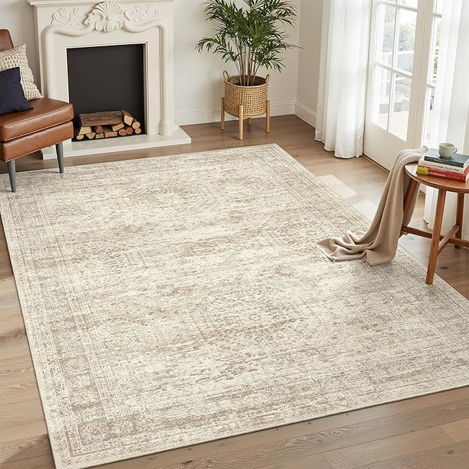 Soalmost 7x9 Area Rug for Living Room Washable Abstract Vintage Soft Thin Indoor Floor Non-Slip Carpet for Bedroom Dining Room Beige