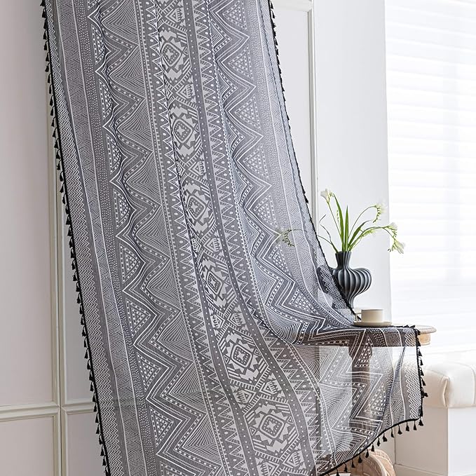 Black Geometric Sheer Curtains 54 inch Long, Fringed Edges and Textured Semi Sheer Curtains Large Window Treatments for Living Room/Bedroom, 2 Panels