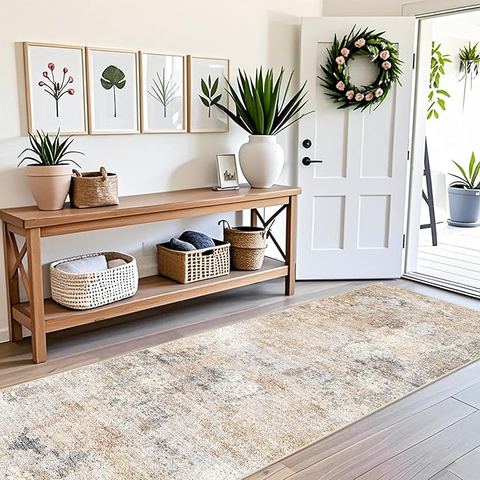 3x10 ft Long Hallway Runner Rug – Non-Slip Washable Kitchen Floor Rug with Rubber Backing, Modern Low Pile Thin Wide Carpet Runners for Bedroom, Entryway Indoor (Gold Grey,3x10)