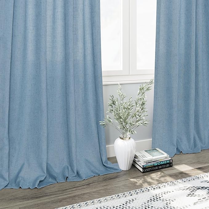 2 Panels Set Dusty Blue Linen Curtains 105 Inches Long for Living Room Extra Long Back Tab Curtains Neutral Farmhouse Light Filtering Semi Sheer Linen Drapes Ceiling to Floor for Large Window