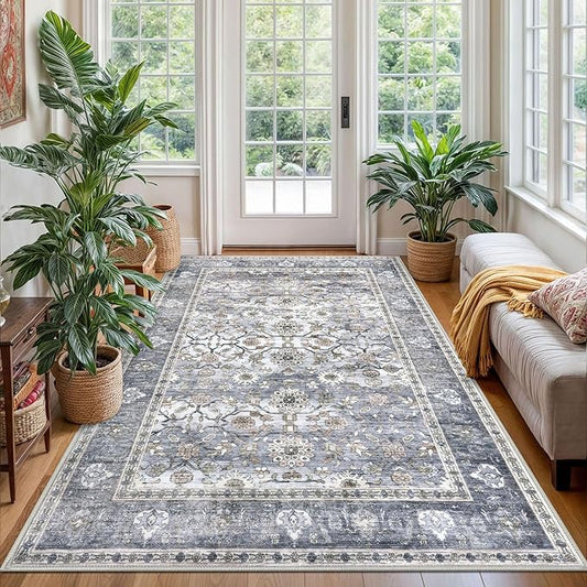 KUTA Washable Rug 4x6 Area Rug, Vintage Rug Indoor for Living Room, Non Slip Machine Washable Large Rugs, Soft Print Distressed Grey Blue Farmhouse Carpet for Bedroom Dining Room Dorm Office