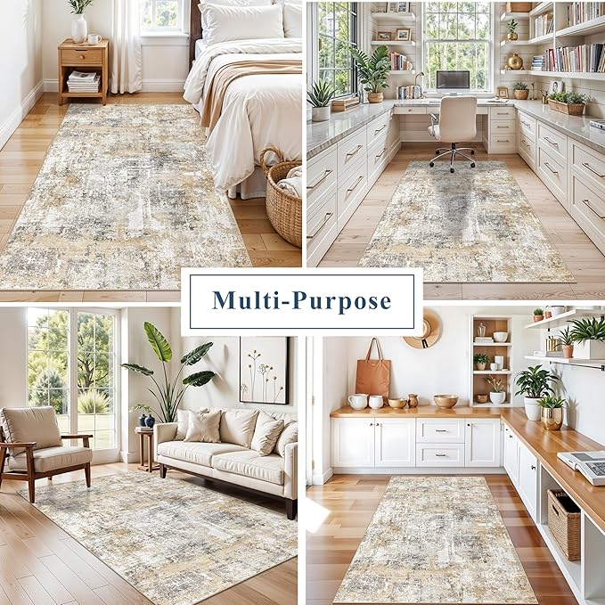 Washable 3x5 Entryway Rug - Non-Slip Soft Low-Pile Thin Small Area Rugs for Kitchen Bedroom Living Room Hallway – Modern Abstract Neutral Door mat Indoor （Gold Grey）
