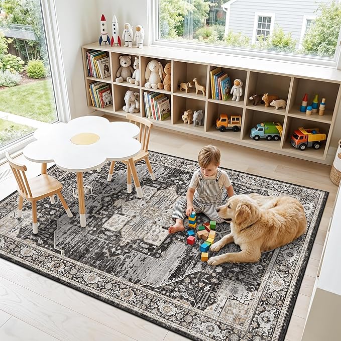 RUUGME 5x6 Washable Non Slip Area Rugs, Boho Low Pile Soft Carpets for Living Room Bedroom Dining Room - Ultra Thin Vintage Indoor Floor Decor Mat Ideal for Small Spaces 5x6 Black