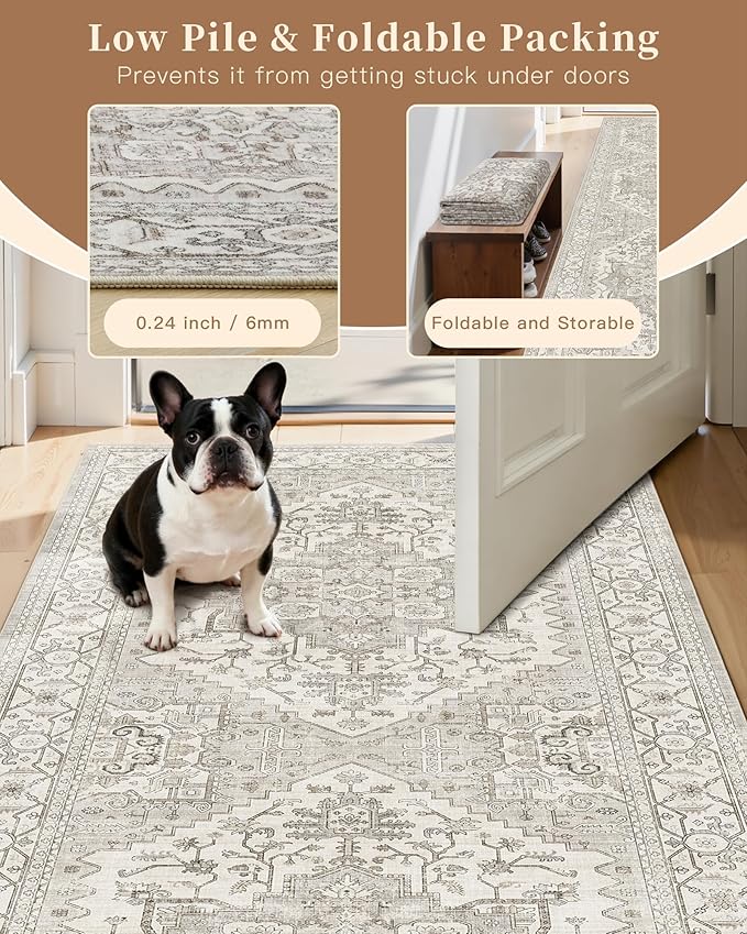Madane Hallway Runner 3x8, Kitchen Rugs Washable Entryway Rug 8ft Vintage Kitchen Runners Non Slip Indoor Area Rug Farmhouse Carpet Runner for Bathroom Living Room Bedroom (3 X 8, Beige/Brown)