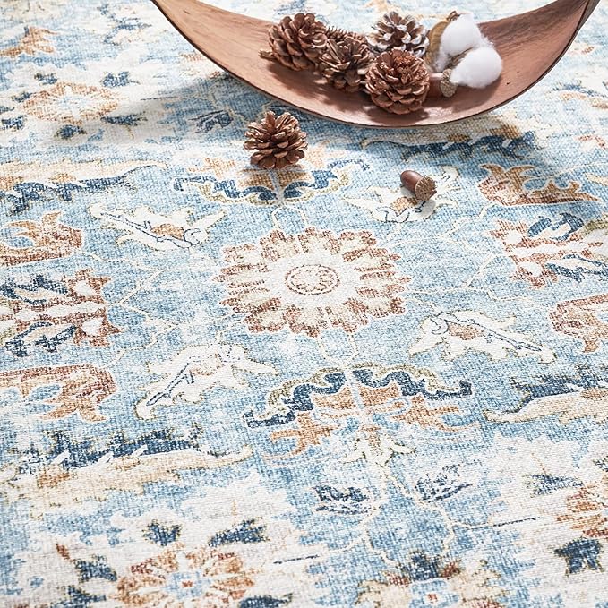 jinchan Round Rug 5ft Area Rug - Washable Boho Vintage Floral Circle 5' Round Floor Cover Lightweight Low Pile Thin Throw Non-Slip Carpet for Kitchen Living Room Bedroom Dining Room Office Light Blue