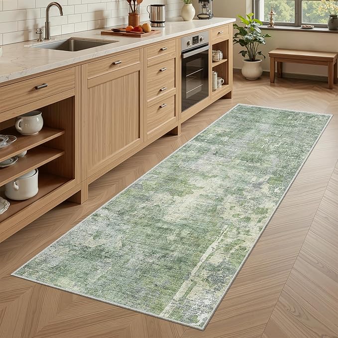 Soalmost Runner Rug 2x5 Washable Non-Slip Kitchen Runner Rugs for Bathroom Laundry Room Green/Ivory Vintage Floor Carpet Runners for Hallway Entryway