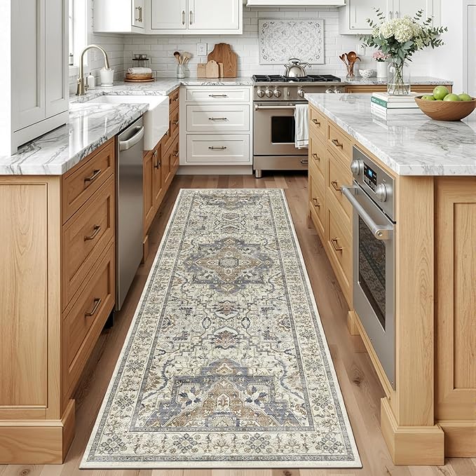 Washable Hallway Runner Rug - 3x8 Floor Carpet Rug Distressed Low Pile Mats Non Slip Soft Rugs for Dining Room with Rubber Backing Bedroom Runner with Vintage Design (Beige/Blue 3x8)