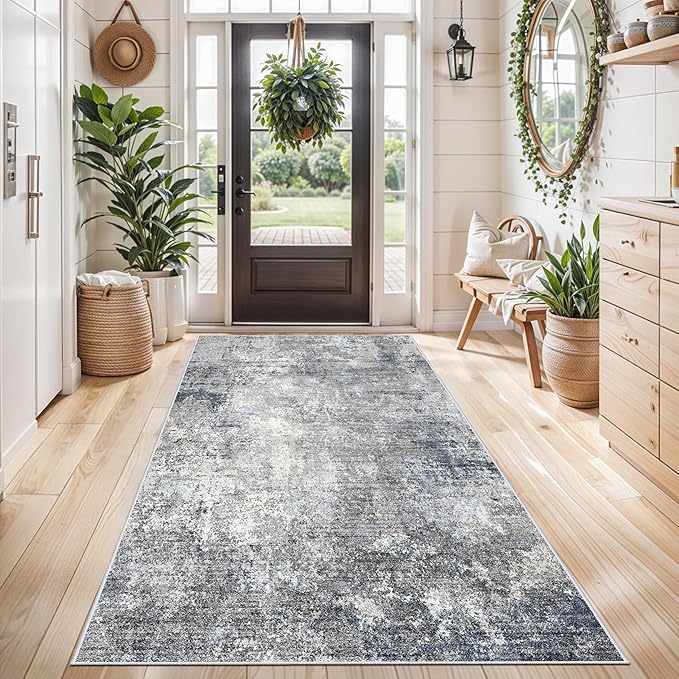 4x6 Rug Machine Washable Non-Slip – Soft Small Area Rug for Indoor Entryway Living Room Bedroom Kitchen – Modern Abstract Neutral Low Pile Carpet（Blue Grey,4x6）