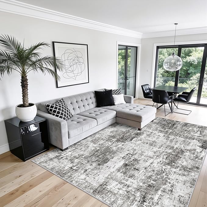 10x10 ft Square Living Room Rug – Washable Modern Abstract Area Rug for Bedroom, Dining Room, Playroom – Neutral Non-Slip Low-Pile Thin Indoor Carpet (Grey)