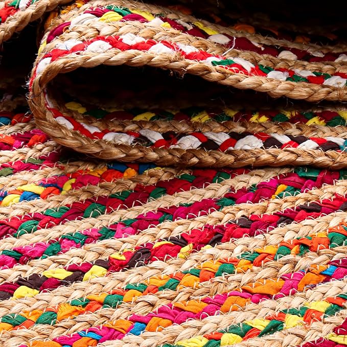 Jute Cotton Braided Rug, Multi Color - 2x3 Feet, Accent Reversible Hand Woven Doormat for Entryway, Kitchen, Living Room | Boho Rustic Floor Mat for Outdoor & Indoor Use - 24x36 Inches