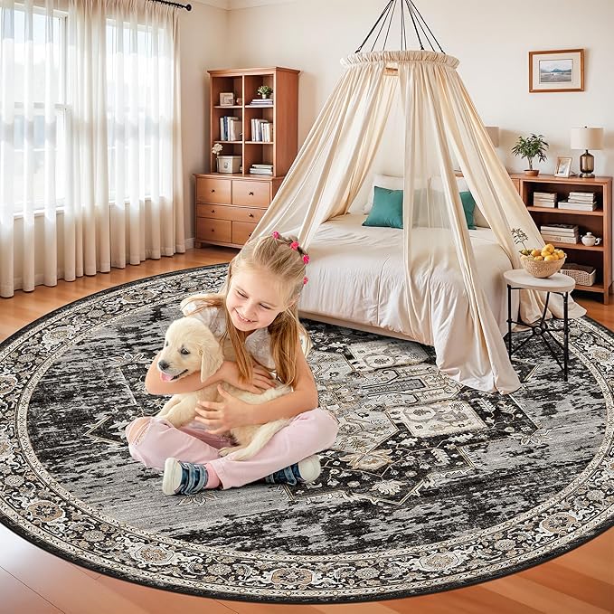 RUUGME 8ft Round Rugs for Living Room : Large Circle Rugs for Bedroom Ultra Soft Carpets with Non Slip Backing Stain Resistant Decoration Floor Mat for Kitchen Dining Room 8ft Black