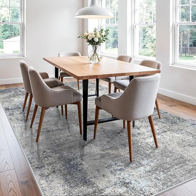 7x9 Washable Living Room Rug - Modern Abstract Neutral Indoor Rug for Dining Room, Kitchen, Bedroom, Non-Slip Low Pile Stain Resistant Carpet（Blue Grey,7x9）