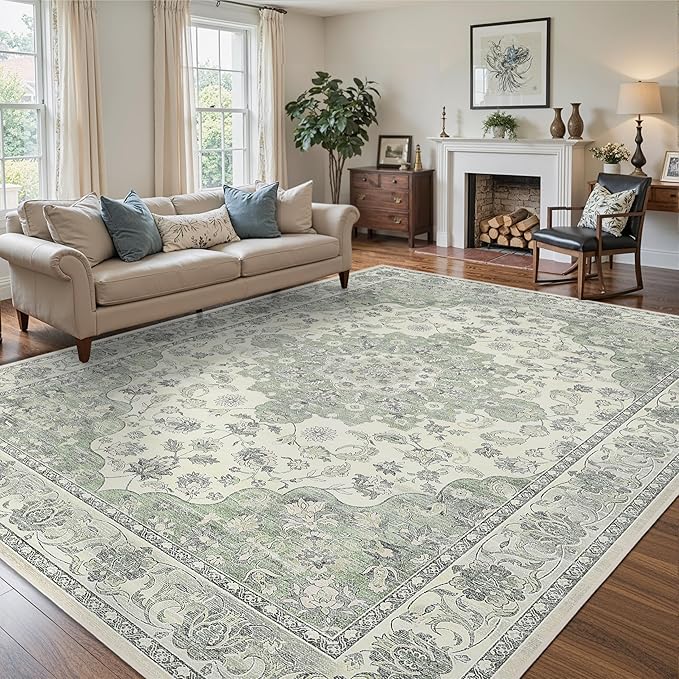 Green 8x10 Washable Large Area Rug, Non-Slip Soft Ultra-Thin Polyester Carpet with Vintage Vintage Stain Large Rug for Living Room, Bedroom, Dining Room & Open-Concept Spaces Oeko-TEX - Green