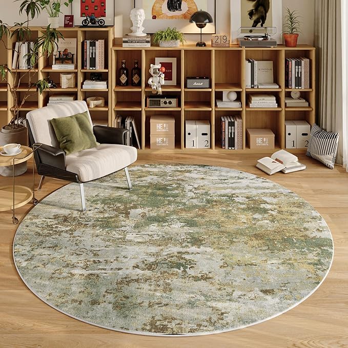 Green Round Rugs 6ft Washable Circle Area Rug for Entryway Kitchen, Non Slip Soft Low Pile Stain Resistant, Boho Circular Carpet for Living Room Bedroom Dorm Dining Room Table, Sage Green