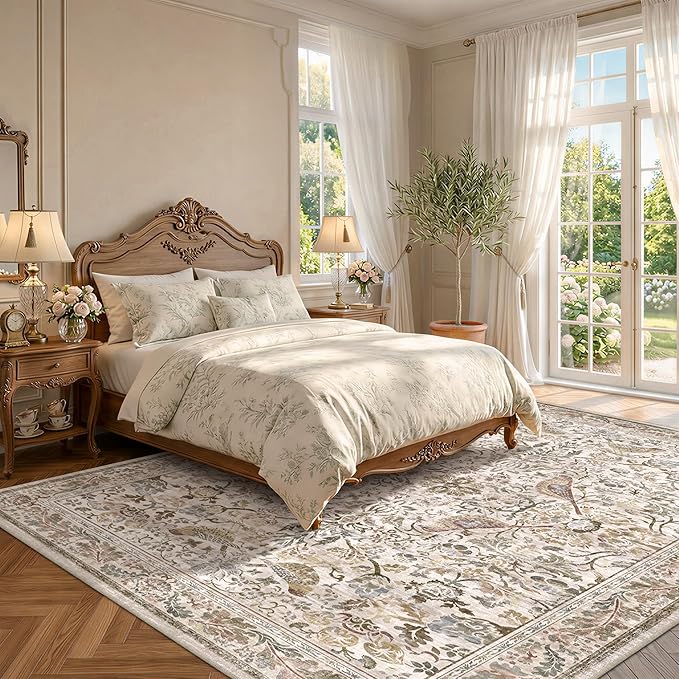 Floral 9x12 Large Area Rug for Living Room - Floral & Bird Soft Rugs for Bedroom,Non Slip Washable Carpet for Dining Room Under Table, Vintage Brown Taupe Indoor Décor, Low Pile Stain Resistant