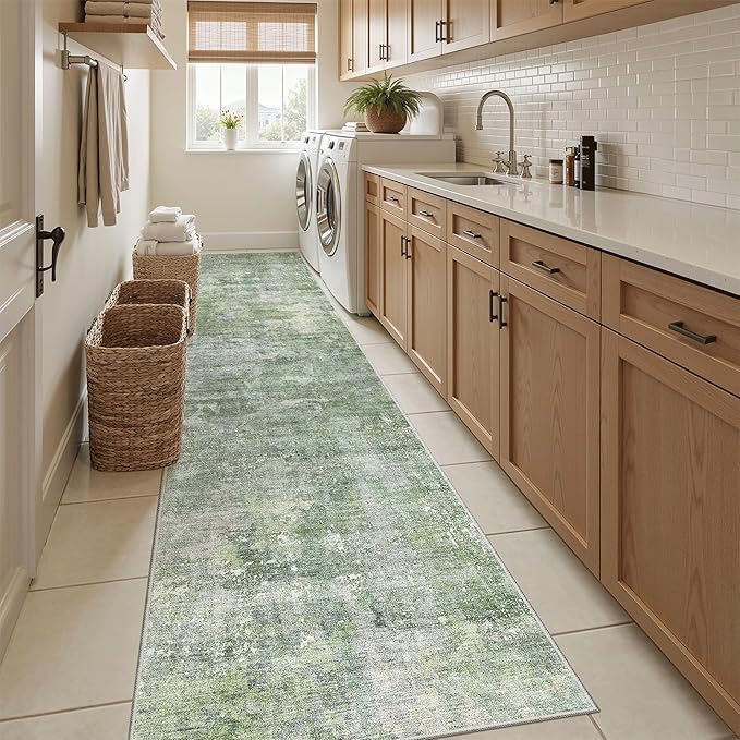 Soalmost Runner Rug 2x10 Washable Non-Slip Hallway Runner Rugs for Kitchen Bathroom Laundry Room Green/Ivory Vintage Floor Carpet Runners for Hallways Entryway