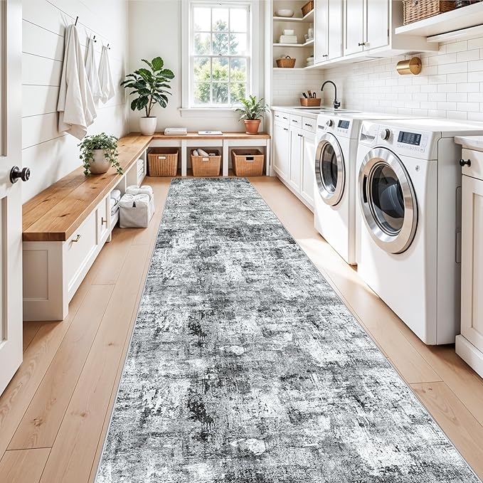 3x15 Ft Long Hallway Runner Rug - Non-Slip Washable Kitchen Runner Rug with Rubber Backing | Modern Abstract Wide Floor Carpet Runner for Indoor Entryway, Bedroom, Living Room（Grey）