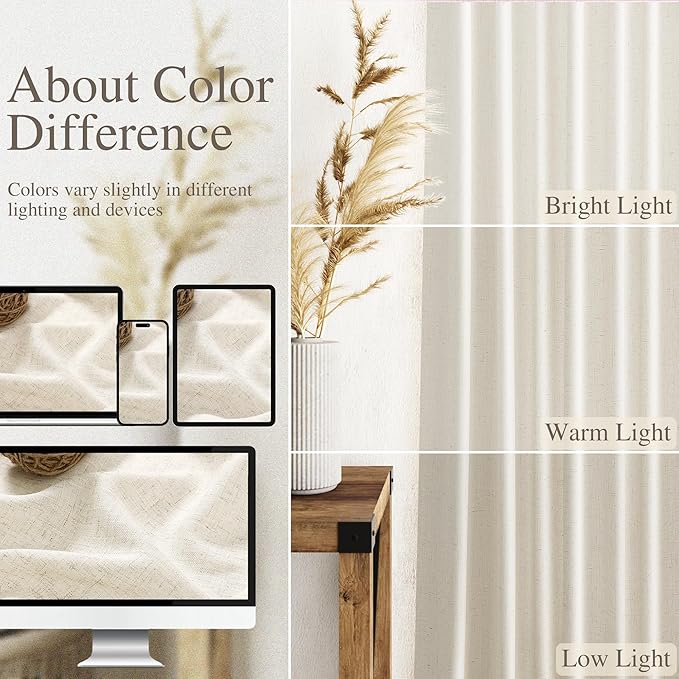 Nanspring Warm Beige Linen Curtains 102 Inches Long Rod Pocket Back Tab Drapes 2 Panels Set for Living Room Bedroom Light Filtering Semi Sheer Warm Beige Curtain 102 Length for Patio Door 52x102