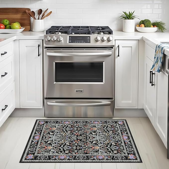 2x3 Entryway Rug Washable Non-Slip - Soft Low Pile Botanical Small Area Rug for Kitchen Bedroom - Boho Floral Indoor Door Mat with Rubber Backing (Vibrant Black, 2x3)