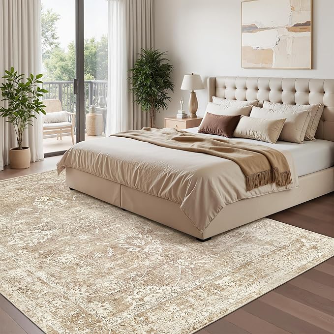 Madane 5x7 Area Rugs for Living Room, Washable Vintage Neutral Rug with Non-Slip Backing, Soft Floral Print Throw Rugs Floor Low Pile Carpet for Bedroom Dining Room Farmhouse (5 x 7, Beige/Brown)