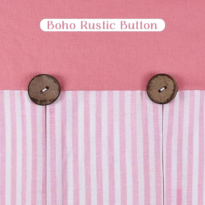 ASPMIZ Cotton Linen Pink Curtains for Girls Living Room, Rod Pocket & Back Tab Boho Curtains for Bedroom, Country Farmhouse Striped Curtain with Rustic Buttons, Home Decor, 52 x 84 Inch, 2 Panels