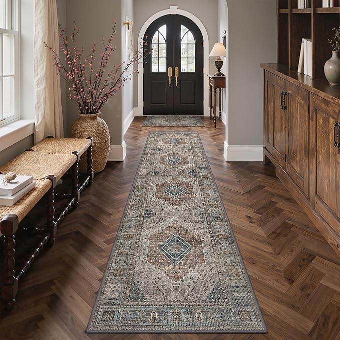 GENIMO Runner Rug for Hallways Machine Washable, 2x10 Non Slip Boho Vintage Lightweight Washable Runners, Thin Floor Rugs for Entryway Hallway Bathroom Laundry Room Corridor,Geometry Sepia/Blue