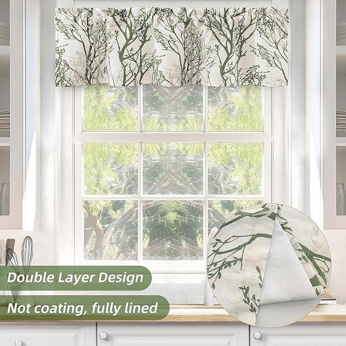 Driftaway Tree Branch Linen Lined Valance Double Layer Thermal Insulated Room Darkening Blackout Valances 3 Inch Rod Pocket Short Window Valance for Living Room Bathroom 52 Inch by 14 Inch Loden Green