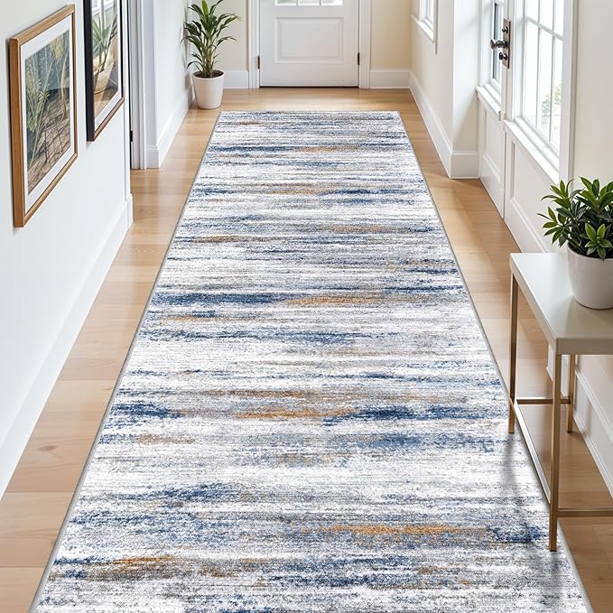 4x8 Wide Washable Runner Rug: Easy-to-Clean Runners for Hallway Entryway Kitchen Bedroom Living Room - Stain and Water Resistant Rugs with Non-Slip Backing - Soft Low-Pile Carpet Navy Grey