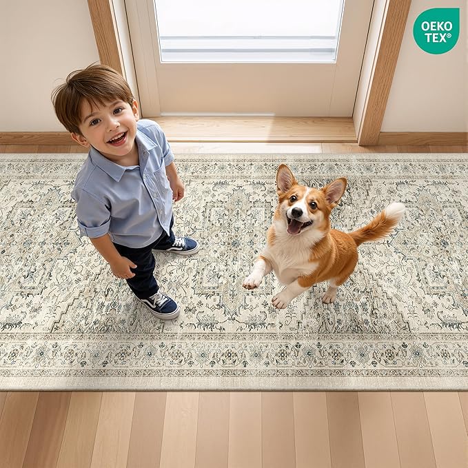 Runner Rug 2x10, Ultra-Thin Kitchen Rugs Non Slip Washable Rugs for Entryway Rug, Kitchen Runner Low Pile Vintage Soft Carpets for Living Room, Bathroom Bedroom (Brown/Beige,2'x10')