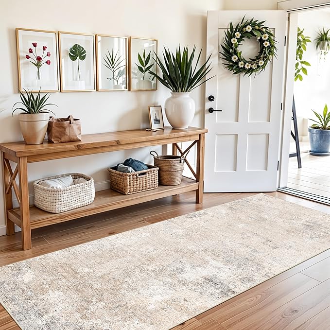 3x8 Washable Non-Slip Runner Rug – Modern Abstract Neutral Wide Carpet Runner for Kitchen, Hallway, Entryway, Bathroom, Bedroom – Low-Pile Thin Floor Mat with Rubber Backing (Beige Grey,3x8)