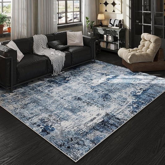 Rugcomf 6x9 Washable Bedroom Boho Rug - Soft, Non-Slip, Non-Shedding Faux Wool Vintage Pattern for Living Room, Farmhouse, Dining Room, Kids Playroom - Blue