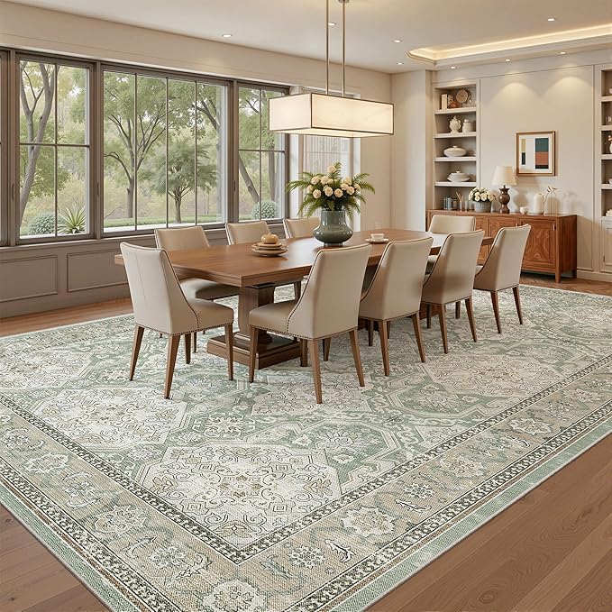 Soalmost 8x10 Area Rugs, Washable Rugs, Large Stain Resistant Area Rug for Living Room Bedroom Dining Room, Vintage Farmhouse Rug Green