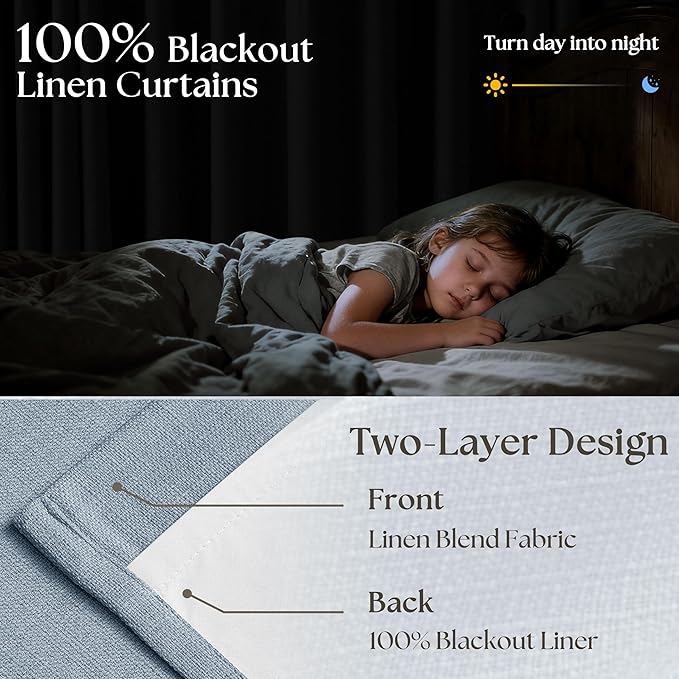 Light Blue Linen Blackout Pleated 105 Inch Curtains for Living Room Darkening Pinch Pleat 100% Black Out Drapes Thermal Insulated Soundproof 105 Inch Curtain with Liner for Dining Kids Girls Bedroom